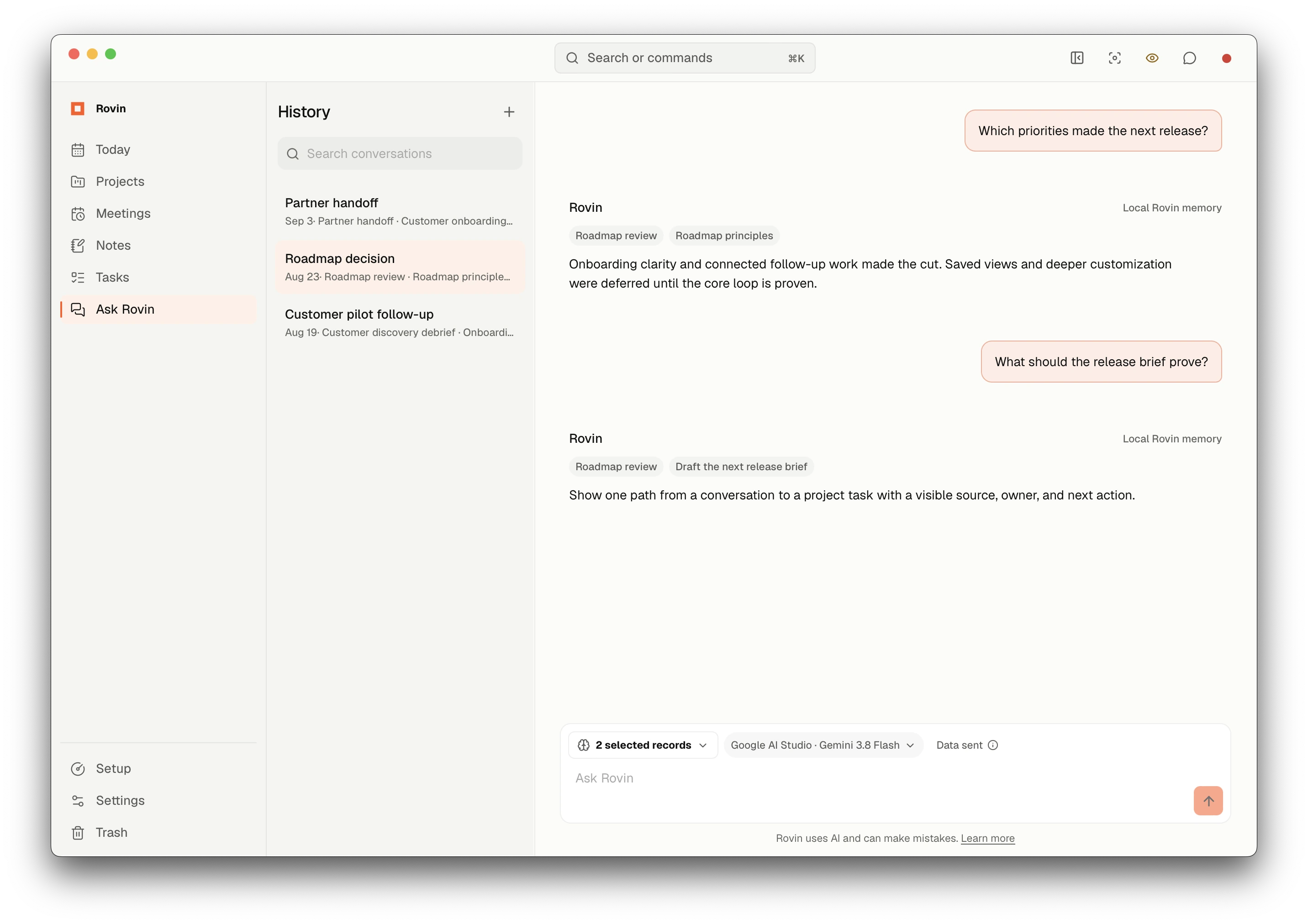 Rovin Ask view with a visible answer, selected memory scope, provider, and connected source context.