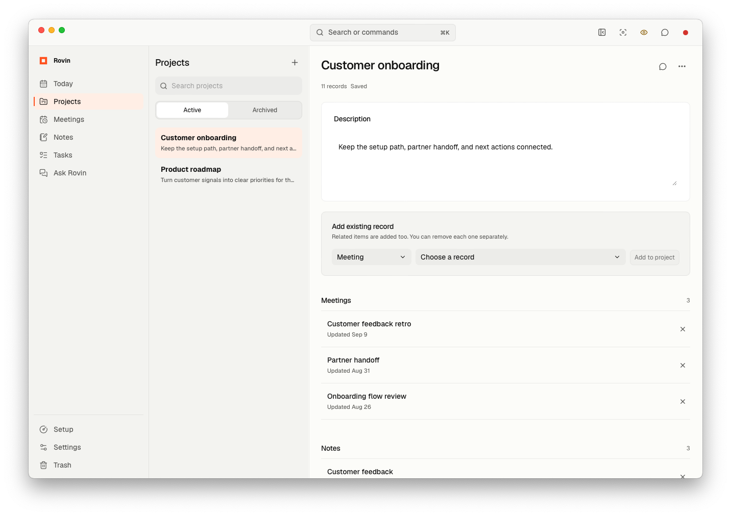 Rovin Project view with a project brief and related meeting and note records.